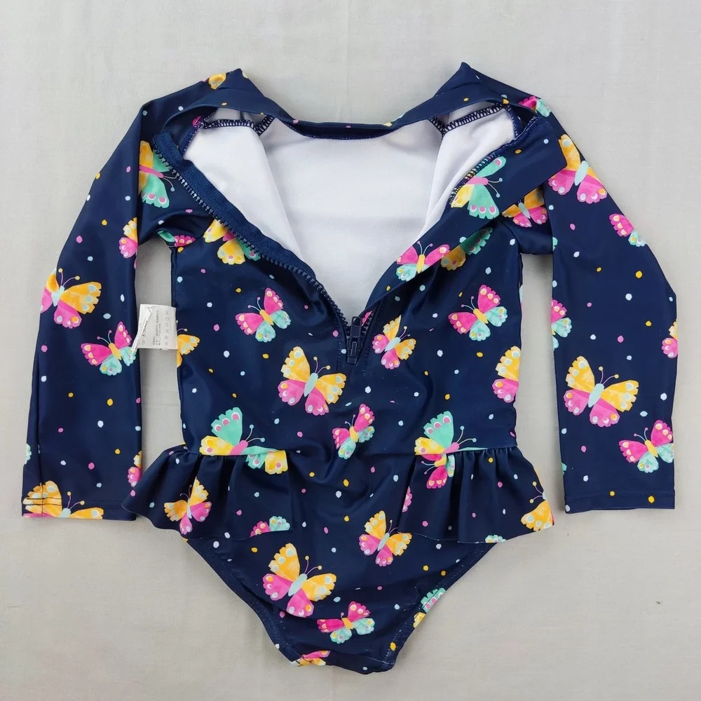 Bonverano Swimsuit Girls 5Y Navy Butterfly Long Sleeve Rash Guard Ruffle 1-Piece